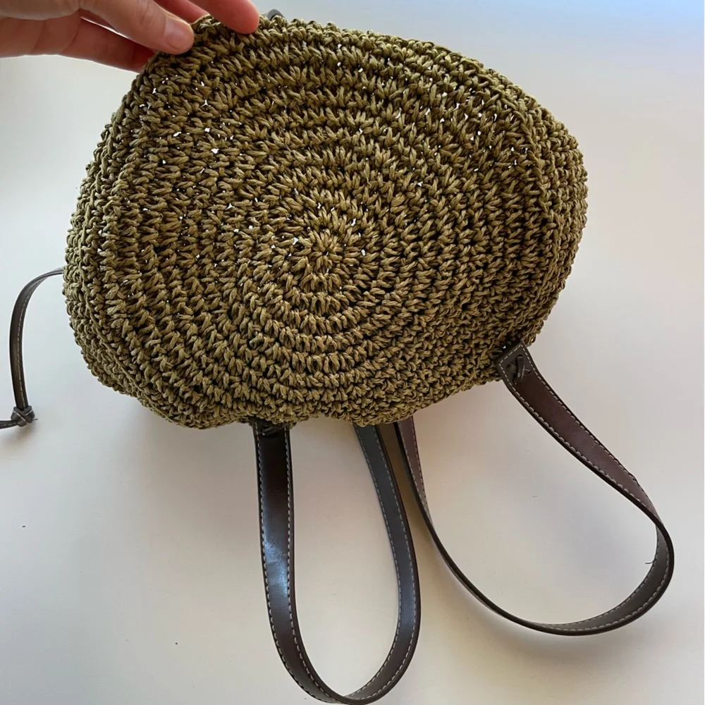 Cappelli Straworld Olive Green Woven Raffia Backpack Brown Faux Leather Trim